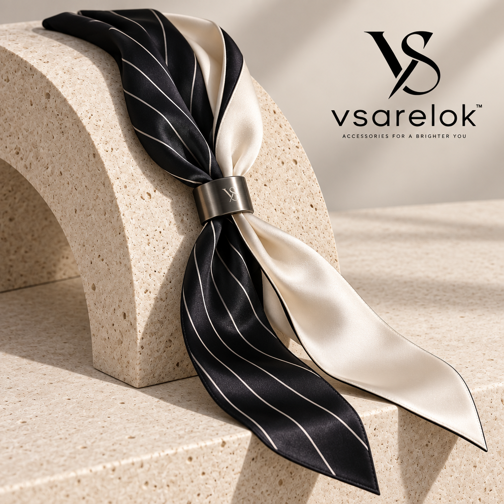 vsarelok™ SilkSkinny Reversible 100% Mulberry Silk Skinny Twilly Scarf with Cinch Ring